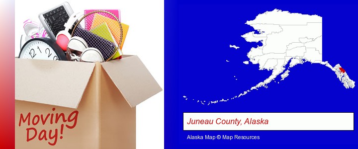 moving day; Juneau County, Alaska highlighted in red on a map