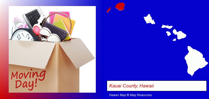moving day; Kauai County, Hawaii highlighted in red on a map