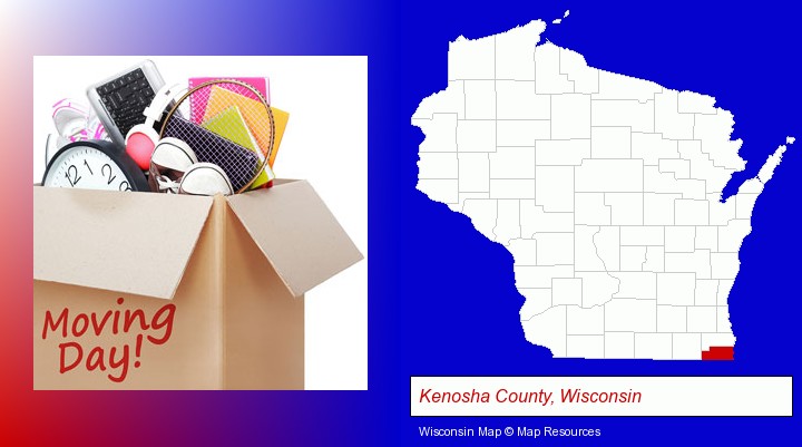 moving day; Kenosha County, Wisconsin highlighted in red on a map