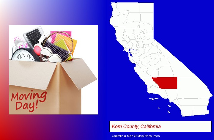 moving day; Kern County, California highlighted in red on a map