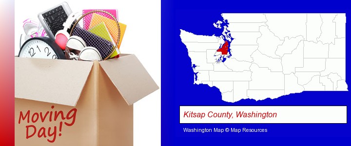 moving day; Kitsap County, Washington highlighted in red on a map