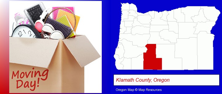 moving day; Klamath County, Oregon highlighted in red on a map