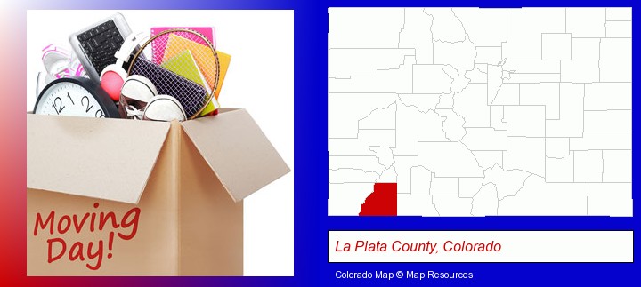 moving day; La Plata County, Colorado highlighted in red on a map