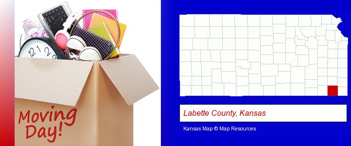 moving day; Labette County, Kansas highlighted in red on a map
