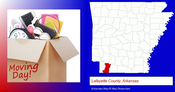 moving day; Lafayette County, Arkansas highlighted in red on a map