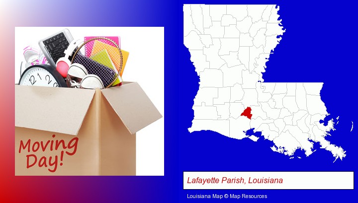 moving day; Lafayette Parish, Louisiana highlighted in red on a map