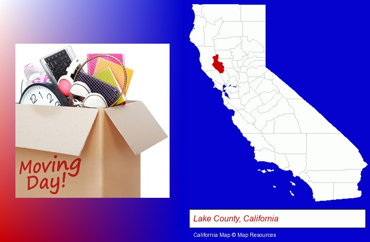 moving day; Lake County, California highlighted in red on a map
