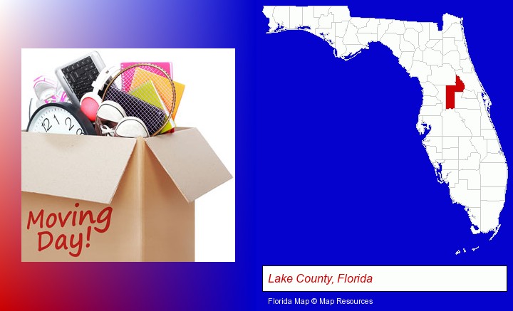 moving day; Lake County, Florida highlighted in red on a map