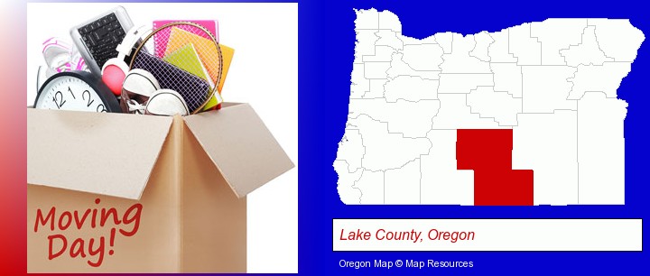 moving day; Lake County, Oregon highlighted in red on a map