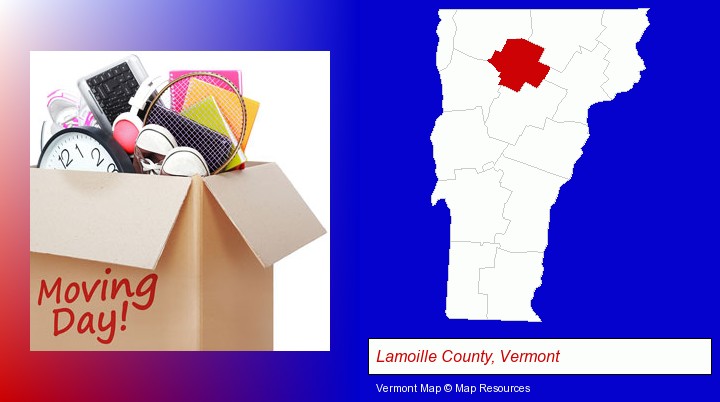 moving day; Lamoille County, Vermont highlighted in red on a map