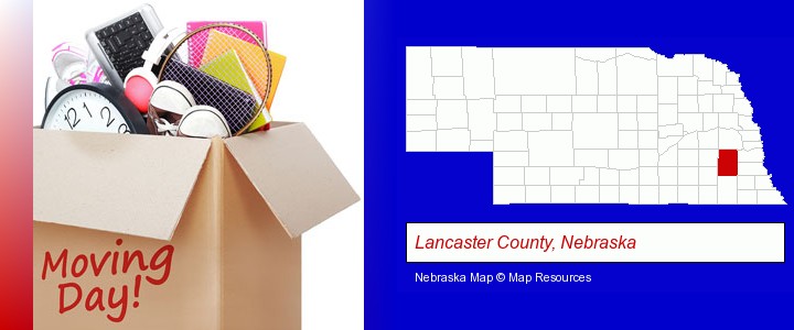 moving day; Lancaster County, Nebraska highlighted in red on a map