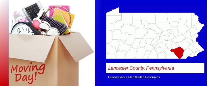 moving day; Lancaster County, Pennsylvania highlighted in red on a map