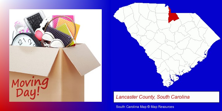 moving day; Lancaster County, South Carolina highlighted in red on a map
