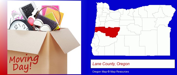 moving day; Lane County, Oregon highlighted in red on a map