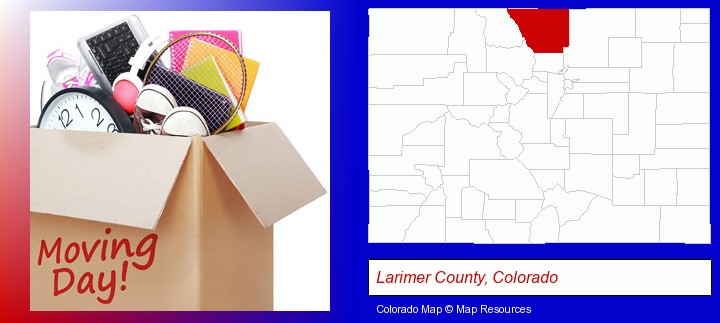 moving day; Larimer County, Colorado highlighted in red on a map