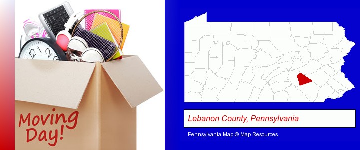 moving day; Lebanon County, Pennsylvania highlighted in red on a map