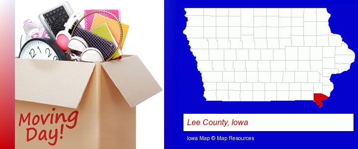 moving day; Lee County, Iowa highlighted in red on a map