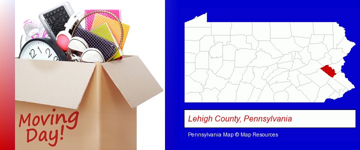 moving day; Lehigh County, Pennsylvania highlighted in red on a map