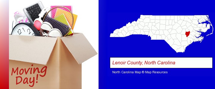 moving day; Lenoir County, North Carolina highlighted in red on a map