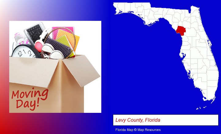 moving day; Levy County, Florida highlighted in red on a map
