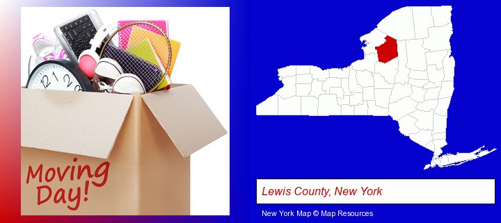 moving day; Lewis County, New York highlighted in red on a map