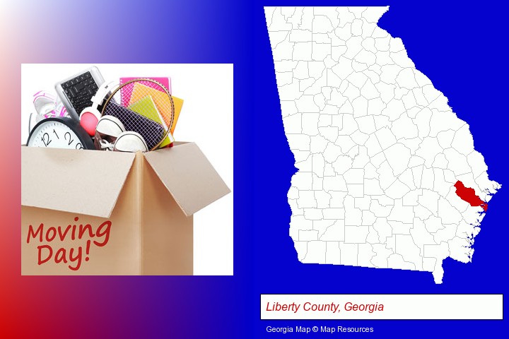 moving day; Liberty County, Georgia highlighted in red on a map