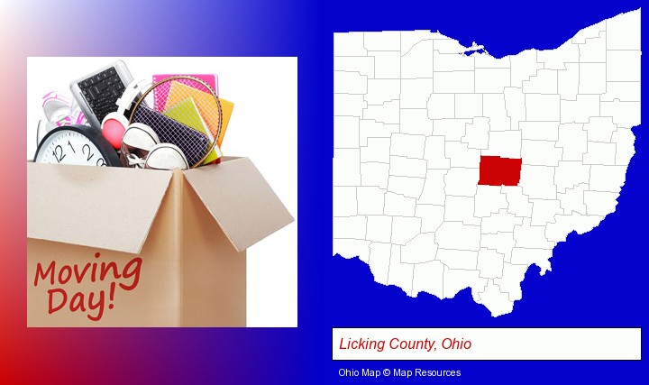 moving day; Licking County, Ohio highlighted in red on a map