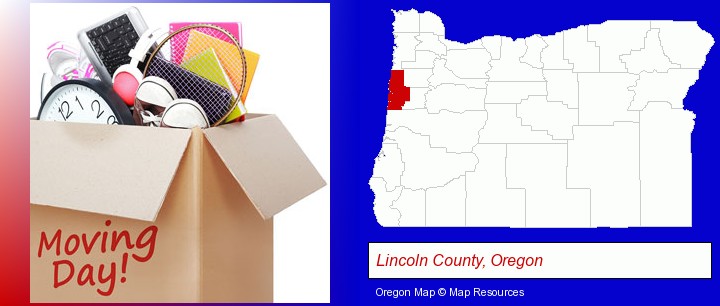 moving day; Lincoln County, Oregon highlighted in red on a map