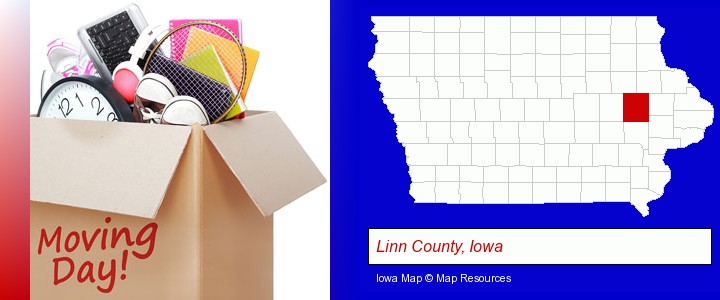 moving day; Linn County, Iowa highlighted in red on a map
