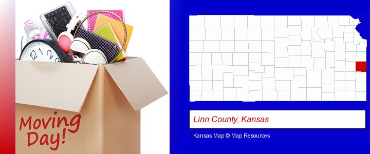 moving day; Linn County, Kansas highlighted in red on a map
