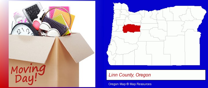 moving day; Linn County, Oregon highlighted in red on a map