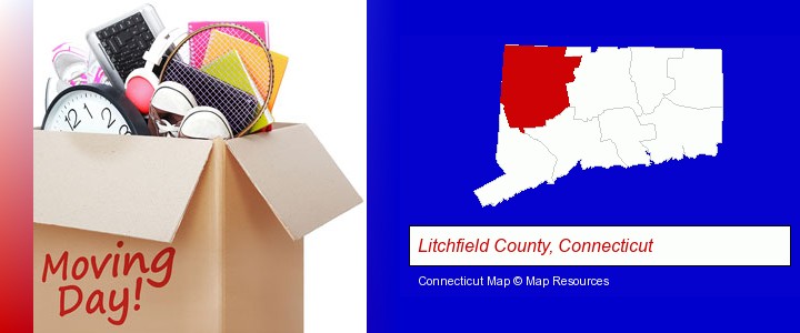 moving day; Litchfield County, Connecticut highlighted in red on a map