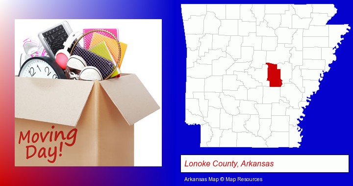 moving day; Lonoke County, Arkansas highlighted in red on a map