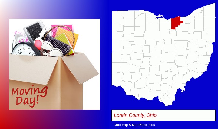 moving day; Lorain County, Ohio highlighted in red on a map