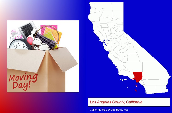 moving day; Los Angeles County, California highlighted in red on a map