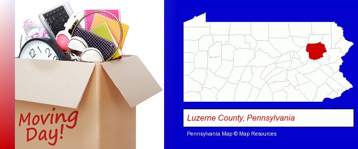 moving day; Luzerne County, Pennsylvania highlighted in red on a map