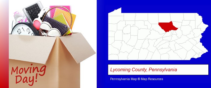 moving day; Lycoming County, Pennsylvania highlighted in red on a map