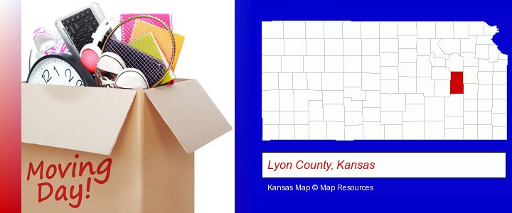 moving day; Lyon County, Kansas highlighted in red on a map