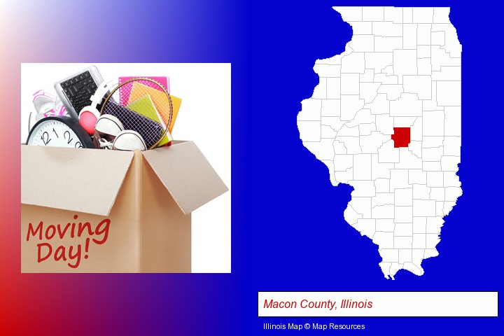 moving day; Macon County, Illinois highlighted in red on a map