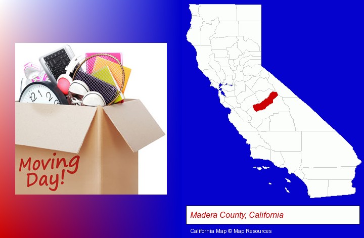 moving day; Madera County, California highlighted in red on a map