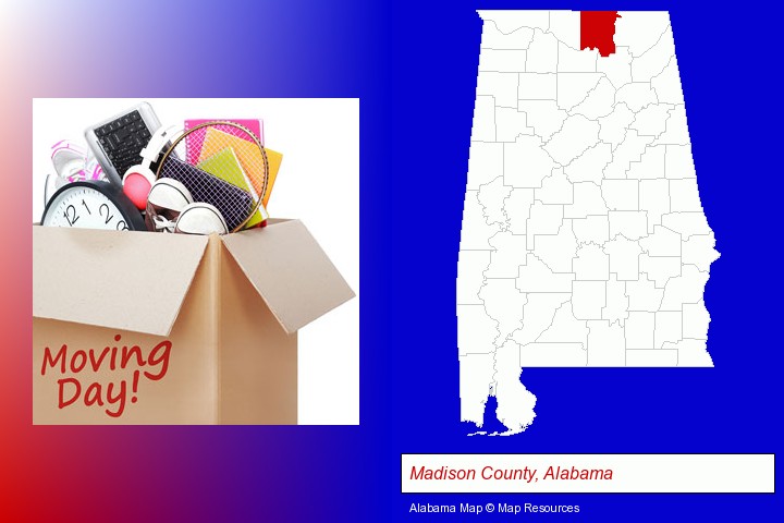 moving day; Madison County, Alabama highlighted in red on a map