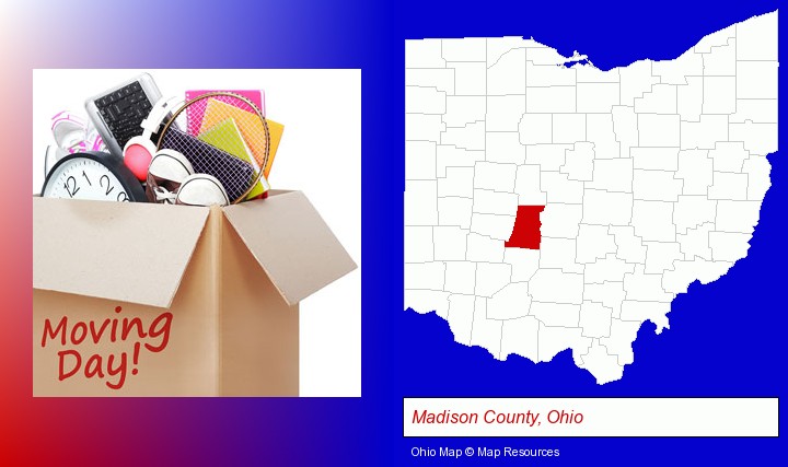 moving day; Madison County, Ohio highlighted in red on a map