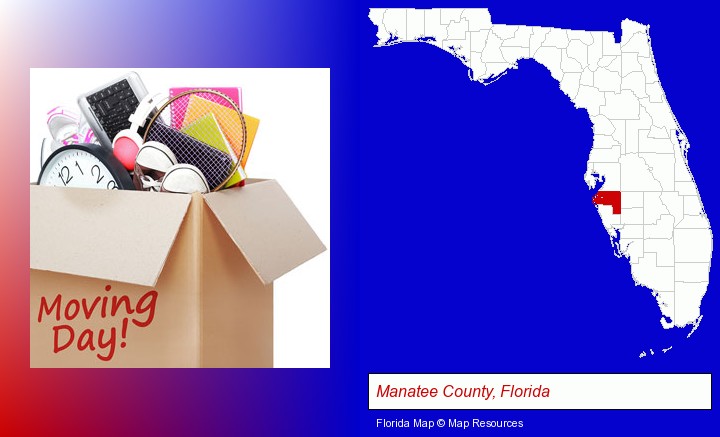 moving day; Manatee County, Florida highlighted in red on a map