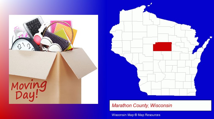 moving day; Marathon County, Wisconsin highlighted in red on a map