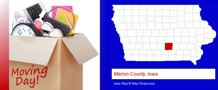 moving day; Marion County, Iowa highlighted in red on a map