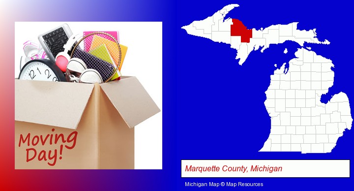 moving day; Marquette County, Michigan highlighted in red on a map