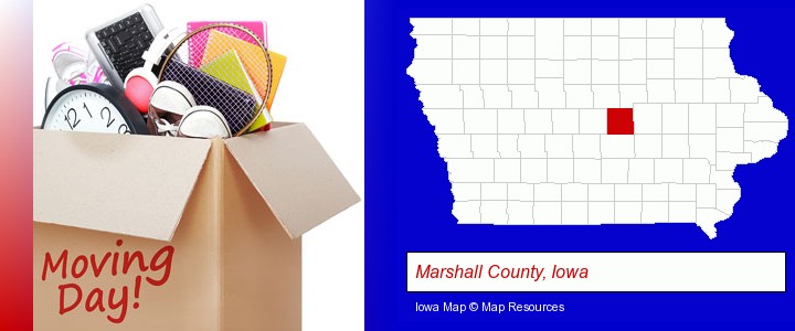 moving day; Marshall County, Iowa highlighted in red on a map