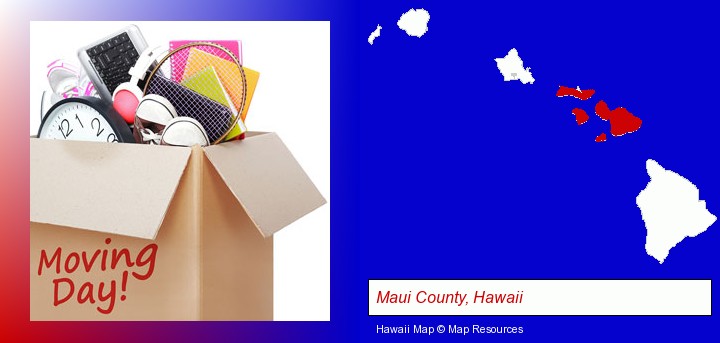 moving day; Maui County, Hawaii highlighted in red on a map