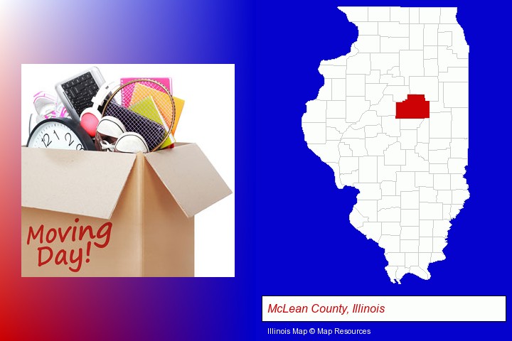 moving day; McLean County, Illinois highlighted in red on a map
