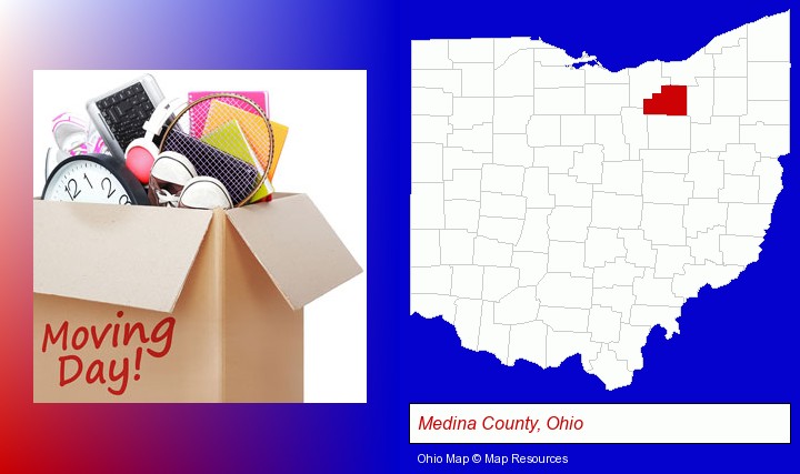moving day; Medina County, Ohio highlighted in red on a map